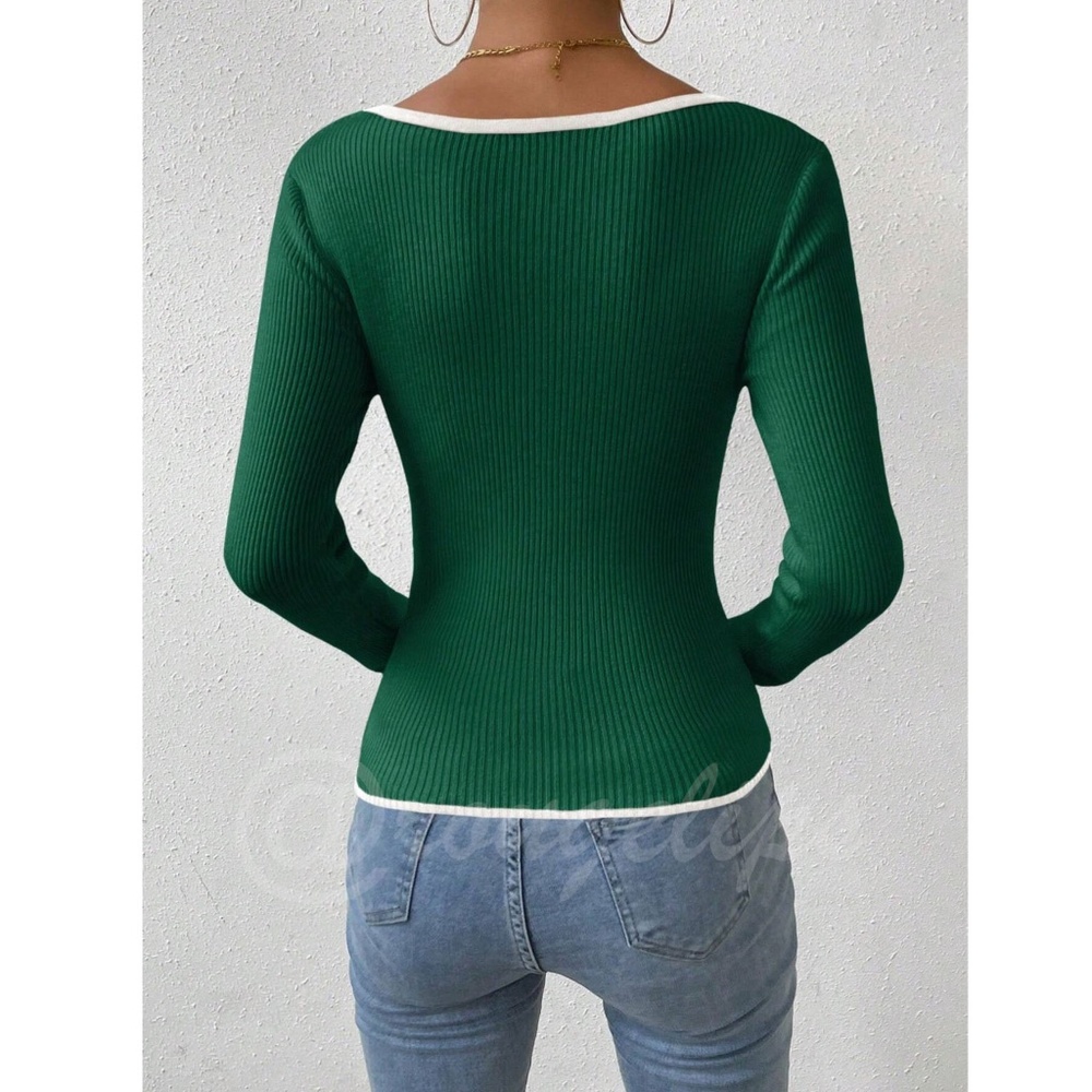Green Rib Knit Sweetheart Neck Contrast White Trim Long Sleeve Fitted Sweater - Picture 4 of 9